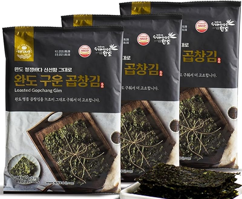 Wando to World 237 Gerösteter Gopchang Seetang 20gx3 | Perfekt für Gimbap, Sushi und als gesunder Snack | Reich an Umami, ideal mit Sojasauce oder Dips