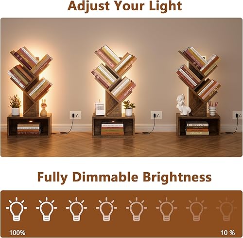 Miniatura 9 de Hoctieon - Estantería de 3 niveles con forma de árbol y luces LED, pequeña estantería con cajón, estantería de escritorio, organizador de