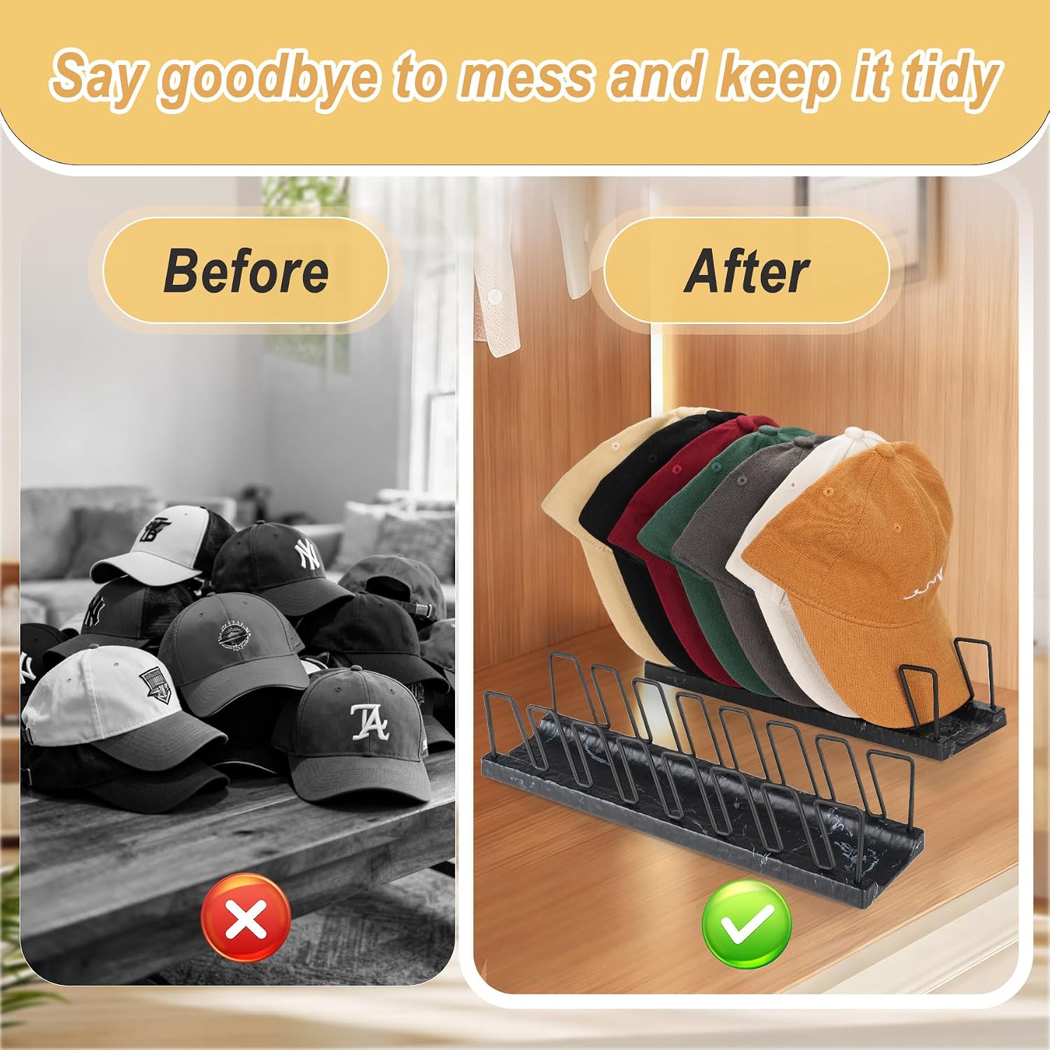 Hat Organizer for Baseball Caps – 7 Cap Holder & Display Stand, Anti-Tip Metal Tabletop Rack for Closet, Bedroom, Vanity, Quick-Install Ball Cap Storage (Black Marble)