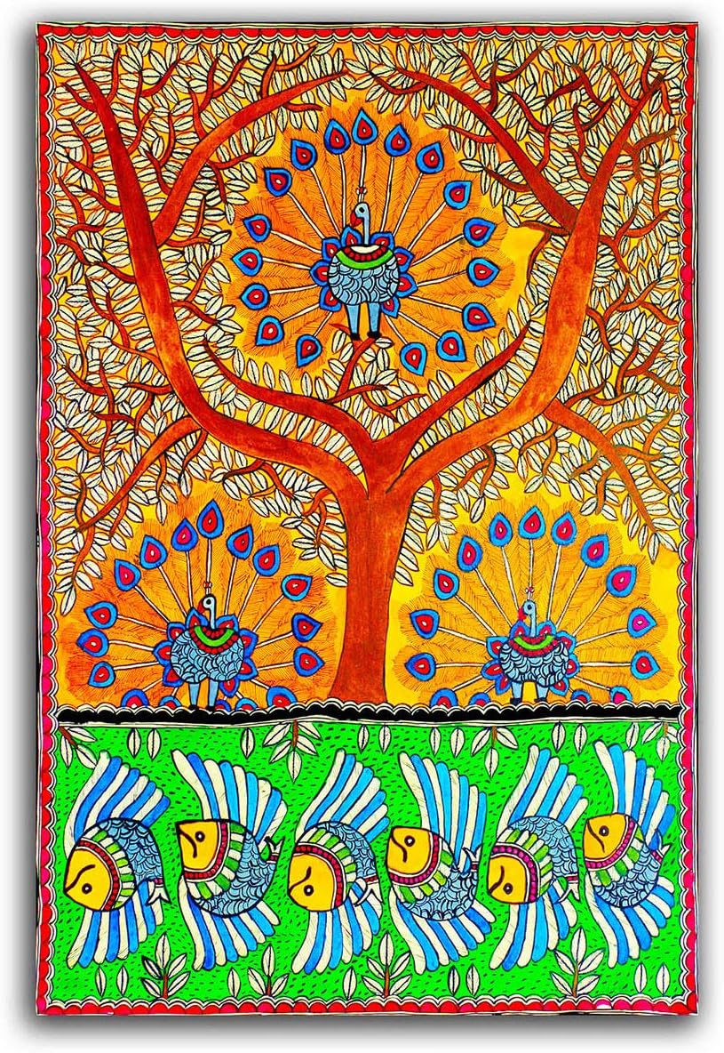 Tamatina Madhubani Canvas Painting Peacock Sunrise Religious Canvas