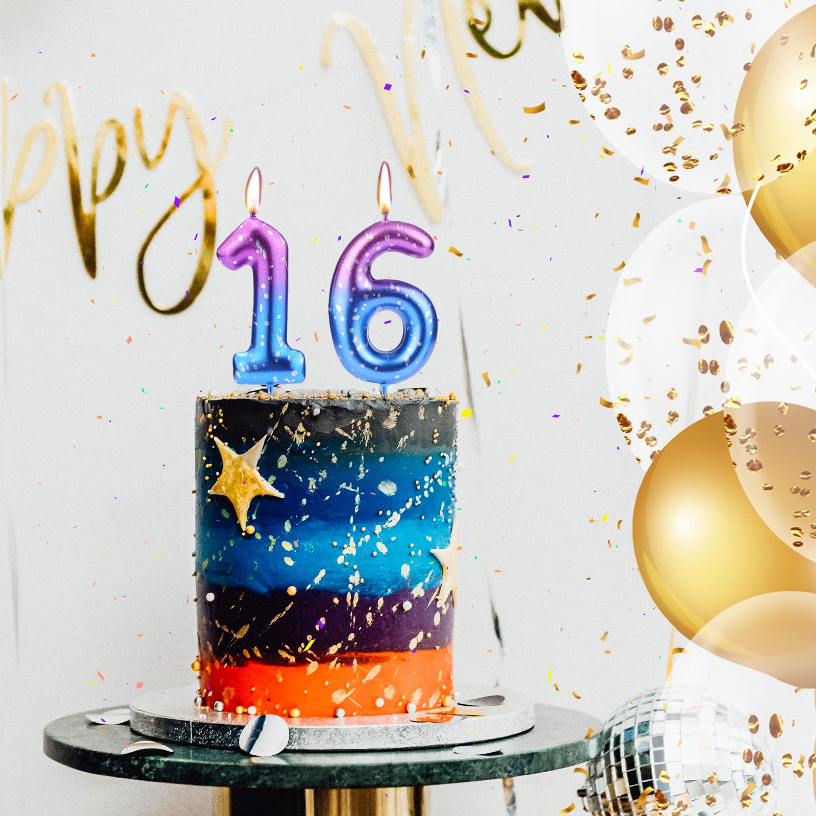 SAVITA 6cm Verjaardagskaarsen Nummering, Nummer Kaarsen Paars Tot Blauw Kleurverloop Glitter Taart Topper voor Verjaardagsfeestje Jubileum Bruiloft (Nummer 0