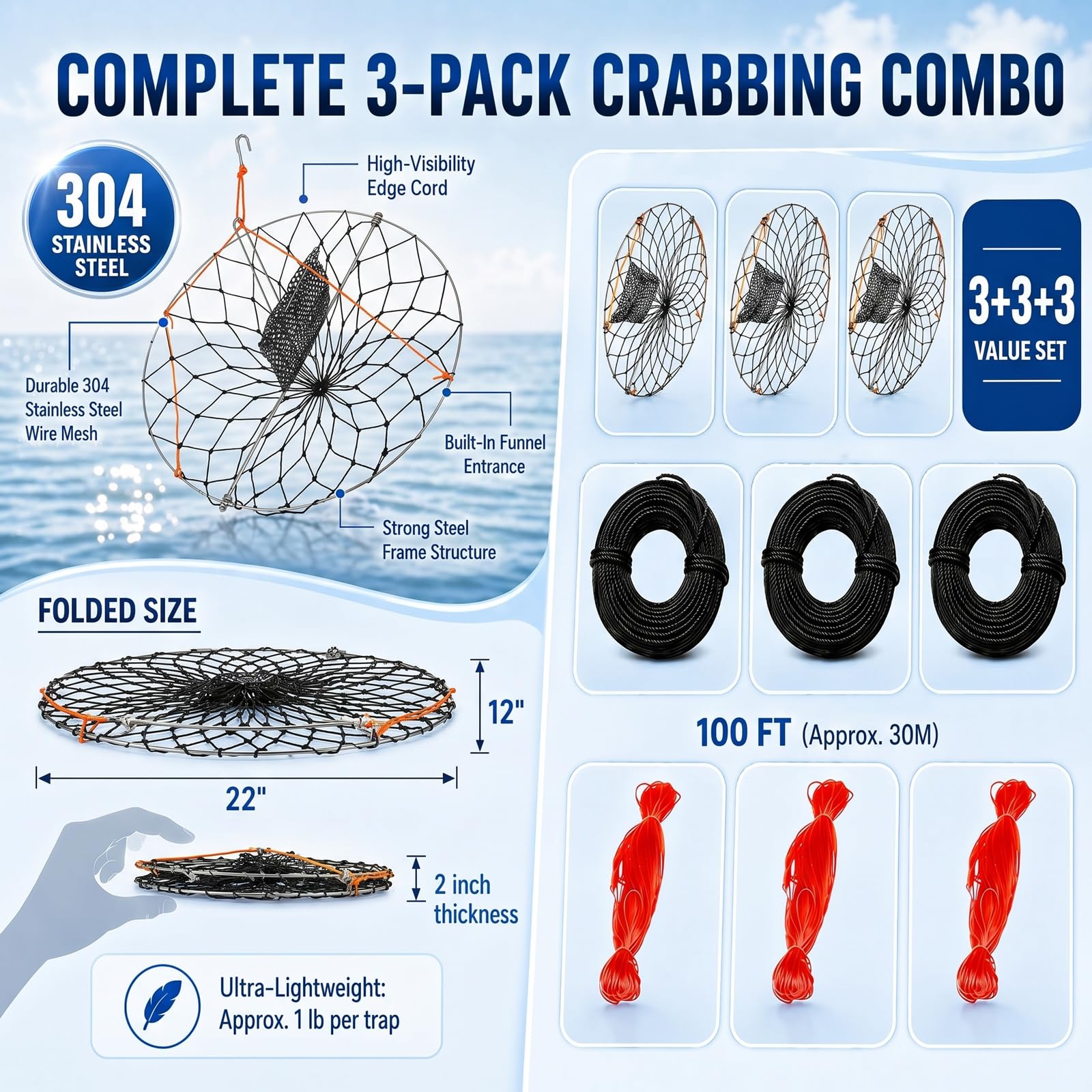 3 Stück 61 cm faltbare Wurf-Krabbenfalle mit 30 m Seilen und Köderbeuteln, 304 Edelstahl, Castable Crabbing Net Handwurfkäfig für blaue Krabben, Dungeness, Krebse