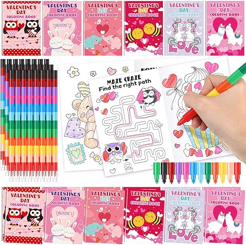 Motipuns Paquete de 24 libros para colorear temáticos para el día de San Valentín con 24 juegos de crayones apilables para niños, recuerdos de