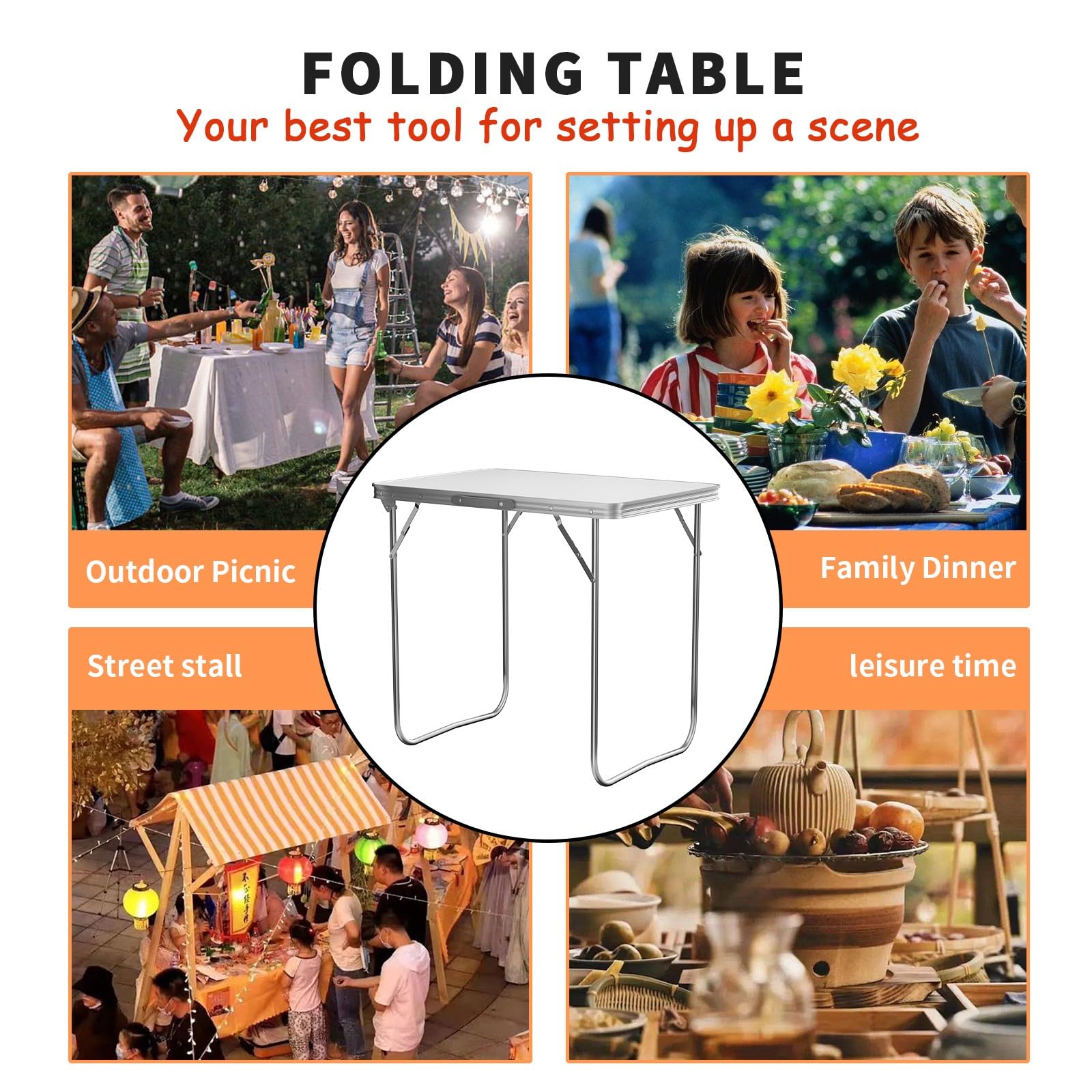 Table Pliante 80cm Robuste, Table de Marché Transportable Pieds Aluminium, Plateau MDF 80x60cm Facile à Nettoyer, Bureau Camping Pliable Valise pour Stand Commercial et Fête, Marchés aux Puces, Blanc