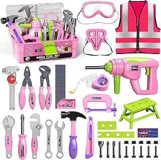 Deejoy Pink Kids Tool Set for Girls 3-7: Electronic Drill, Toolbox, Vest - STEM Toddler Construction Toys