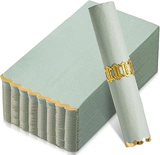 50 Sage Green Paper Napkins Decorative, Gold Foil Scalloped Edged Guest Napkins Disposable, Dinner Napkins for Wedding, Shower Baby, Birthday Parties Supplies(4 x 8 In, Sage Green)
