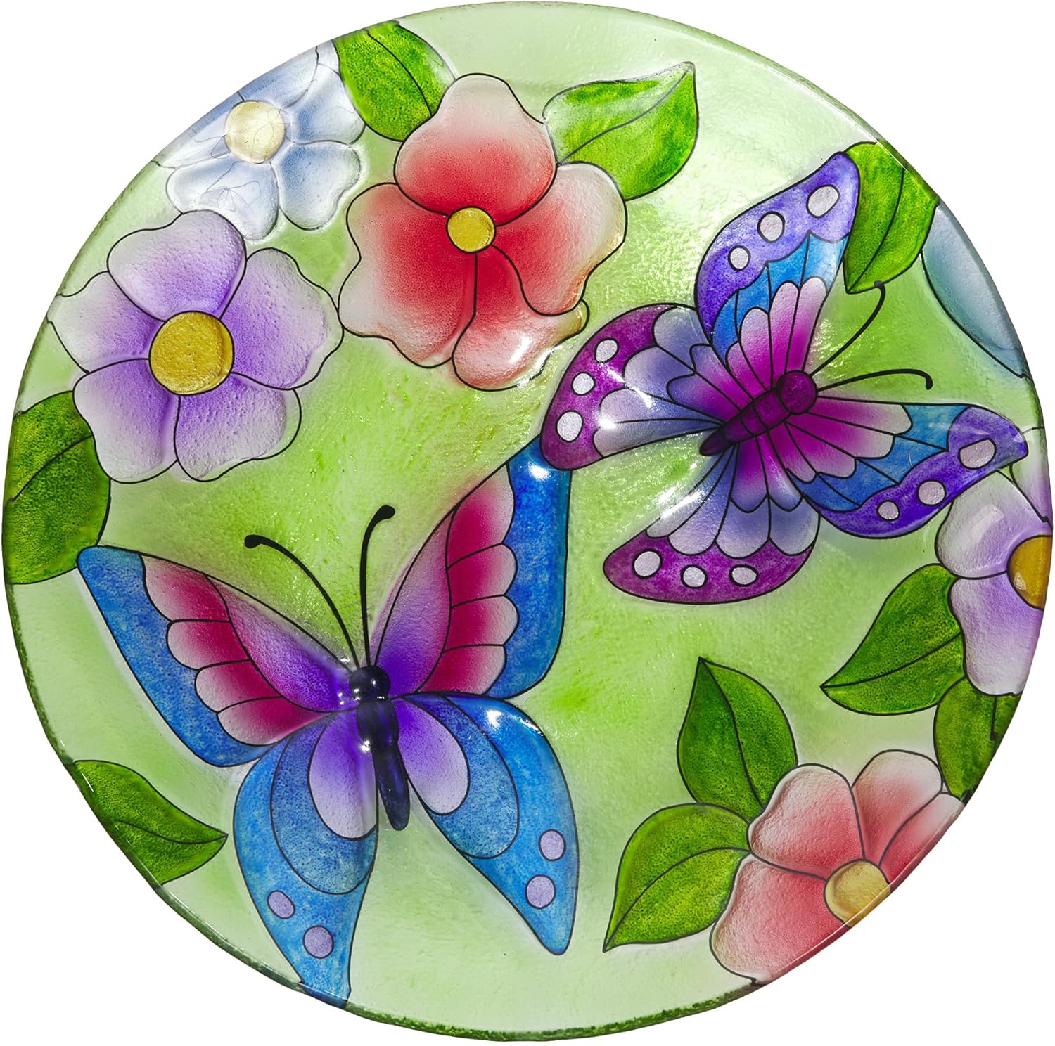 Alpine Outdoor Glass Birdbath Bowl Topper with Purple Butterfly, 18 Inch