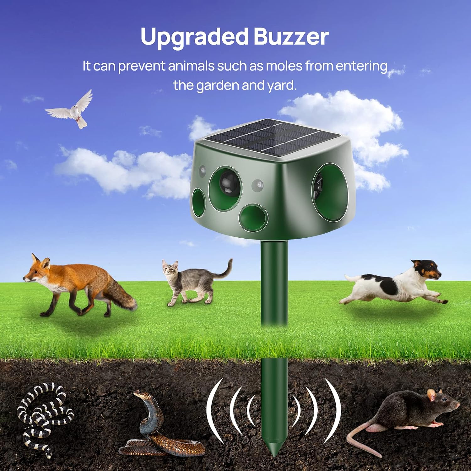 Image showing the Meilen Solar Animal Repeller with its upgraded buzzer feature, demonstrating how it deters underground animals like moles and rats by simulating seismic waves.