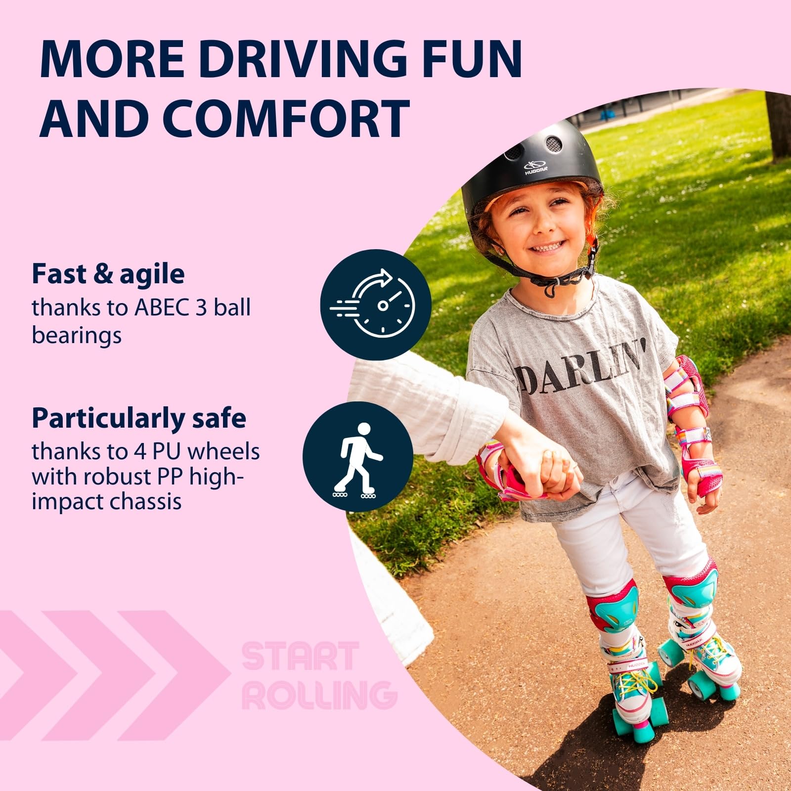 HUDORA Roller Skates Wonders w różnych rozmiarach – wygodne wrotki dziecięce z regulacją w 4 rozmiarach – stylowe wrotki dla dzieci do 60 kg – buty z wysokiej jakości nylonu