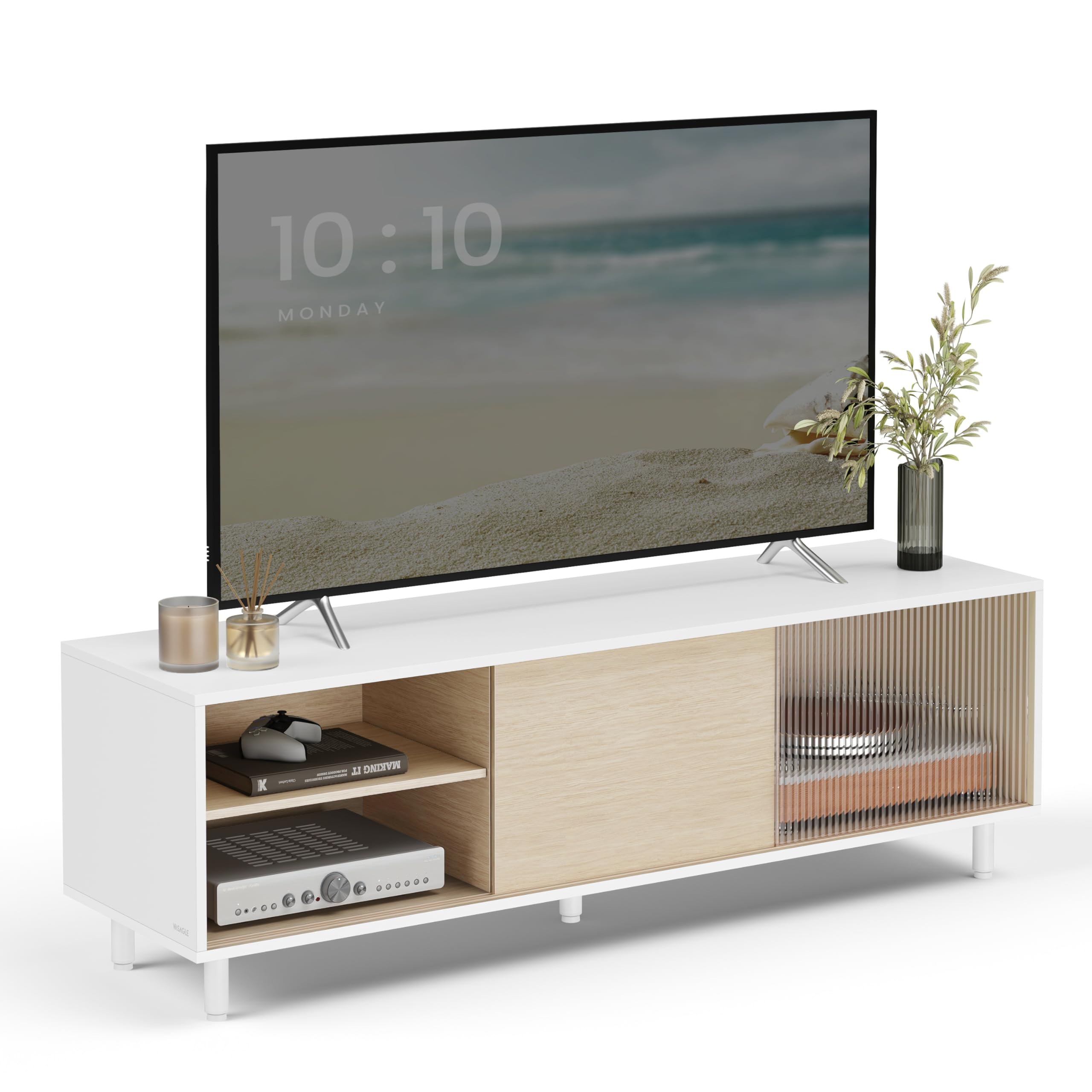 VASAGLE Superszybki, beznarzędziowy montaż, szafka RTV do telewizorów do 60 cali, szafka pod telewizor salonu, 140 x 39 x 45 cm, technologia beznarzędziowa, chmura biało-naturalny beż LTV466W01