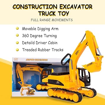 Liberty Imports 15 Oversized Construction Truck Toys for Kids 1:22 Scale Friction Powered Vehicles with Realistic Moving Parts (Excavator)