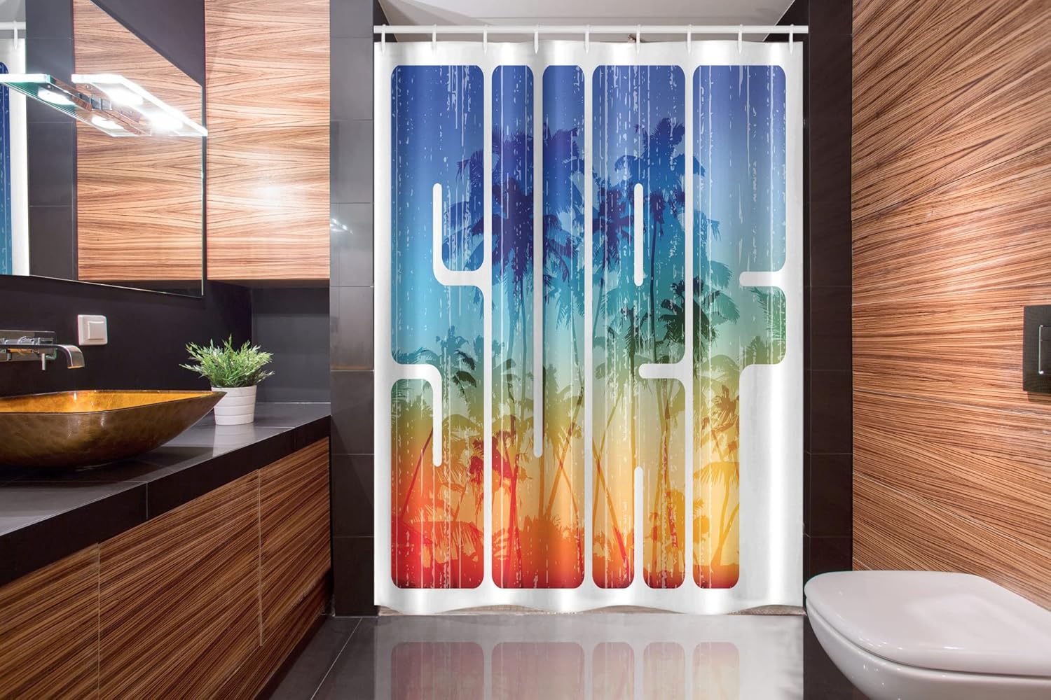 Ambesonne Surf Stall Shower Curtain, Summer Theme Retro Letters That Reflect The Seacoast Palm Tree Extreme Sports Art, Fabric Bathroom Decor Set with Hooks, 54" W x 78" L, Navy Orange