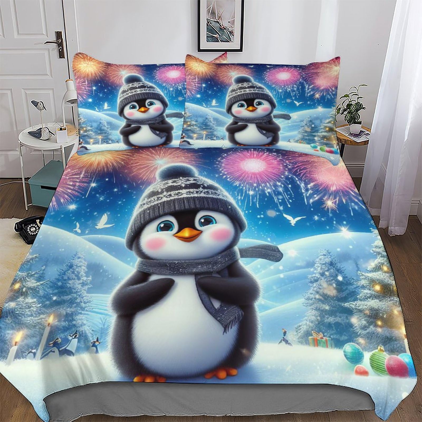 Housse de couette pingouin anti-plis en microfibre hypoallergénique parure de lit King