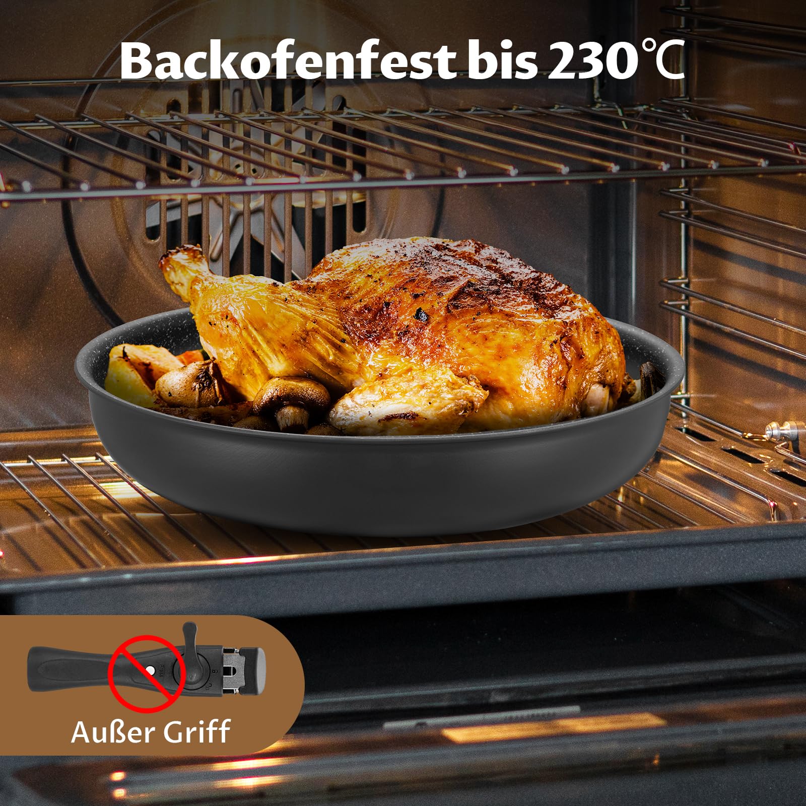 Fadware Pfannenset Induktion, Antihaftbeschichtete Bratpfanne 20, 24, 28 cm mit Abnehmbarem Griff für Kleine Küchen & Wohnmobile, Pfannen Set Stapelbar Platzsparend, für Alle Herdarten, Backofenfest