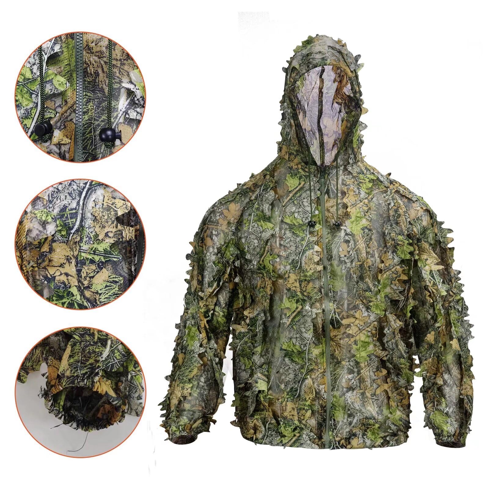 HYOUT Hooded Ghillie Suit Camo Suit Woodland Forest Military 3D Green Leafy Clothing Costume for Jungle Halloween Party