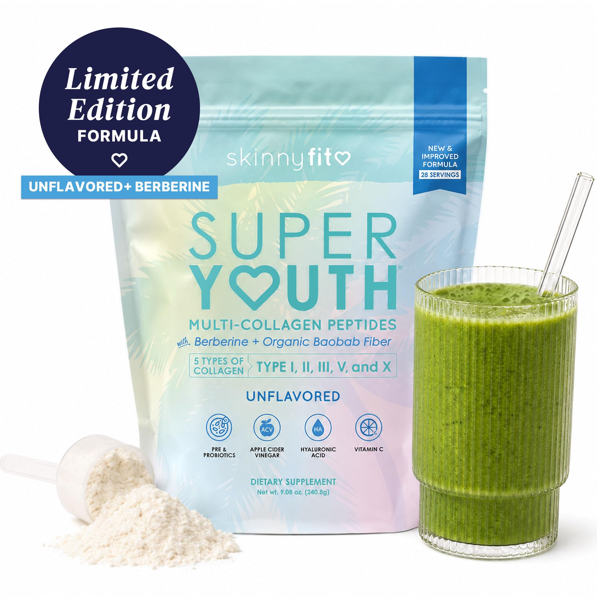 SkinnyFit Super Youth Collagen for Women, Limited Edition Berberine Formula, Multi Collagen Peptides, Baobab Fiber, 13-Strain Probiotics, Hyaluronic Acid, Unflavored (28 Servings) — Amazon image 2