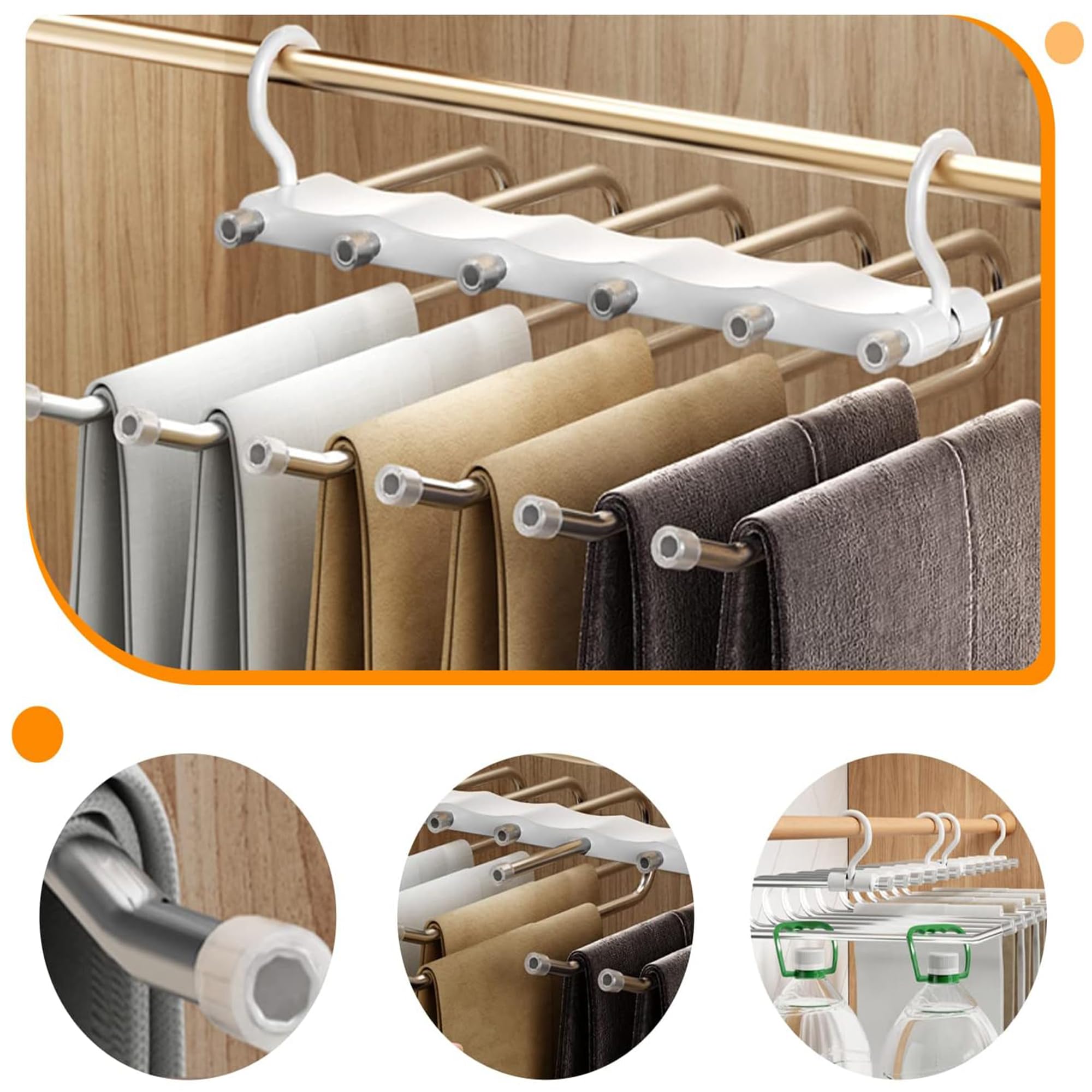 NatureMan Confezione da 2 grucce per pantaloni, in acciaio inox, a 6 strati, salvaspazio, antiscivolo, per armadio, multifunzione, a cascata, per gonne, jeans, sciarpe, cravatte, leggings