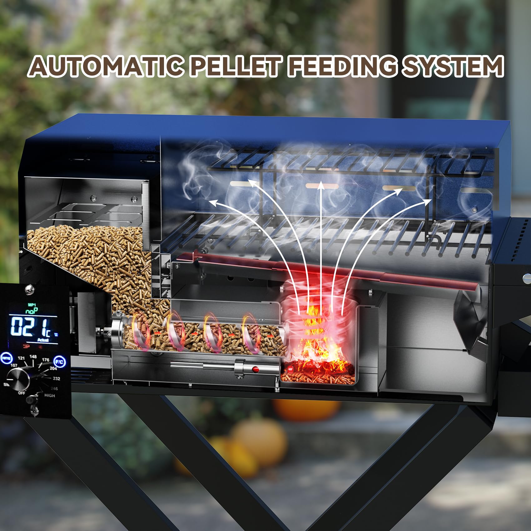 onlyfire Grill na pellet Smoker ze stolikiem pomocniczym i składanym wózkiem, wielofunkcyjny grill na pellet, wędzarnia z automatyczną regulacją temperatury i sondą do mięsa, grill na węgiel drzewny,