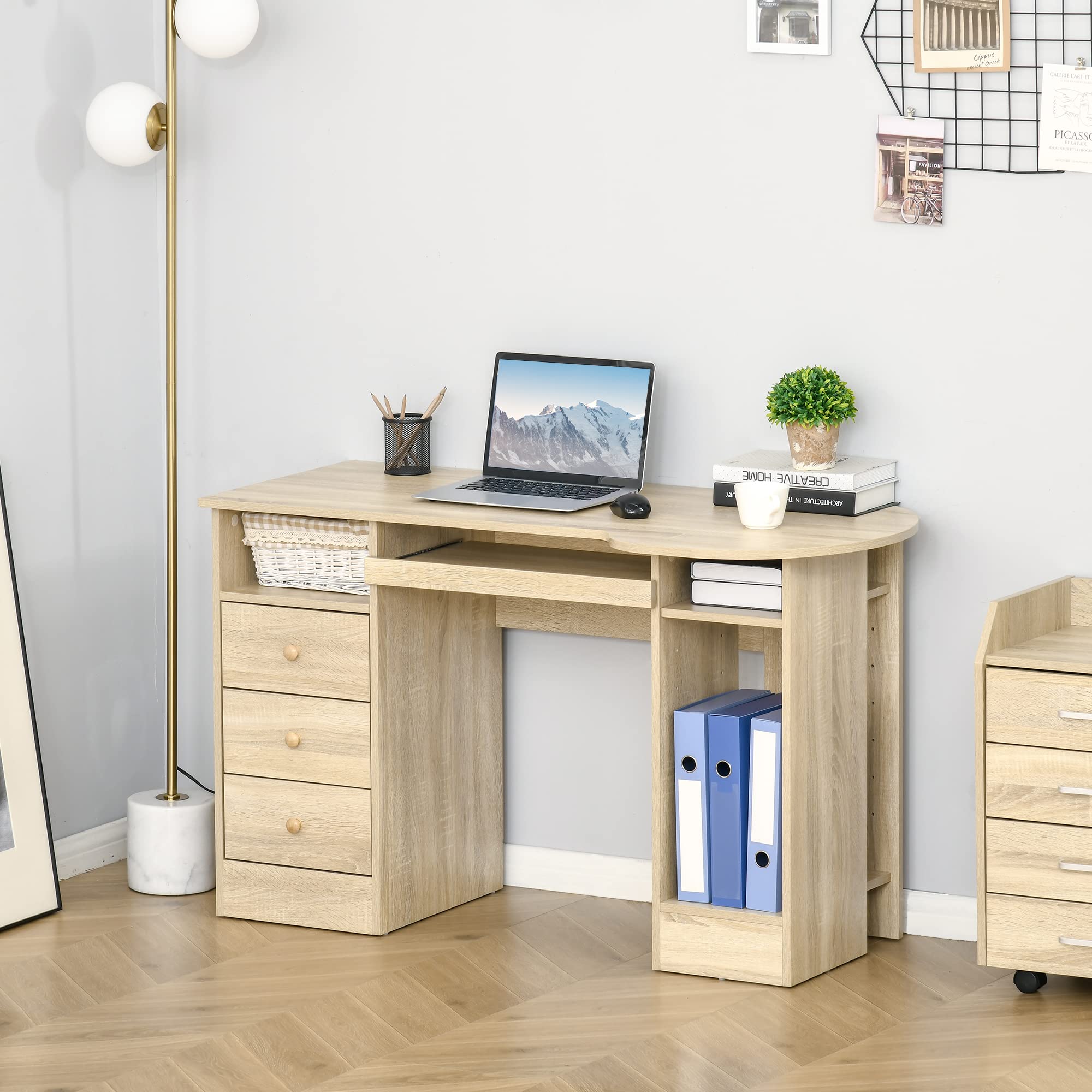 HOMCOM Scrivania PC per Ufficio con Scaffali 125x60x74cm Color Legno | Scrivania per Computer, Ripiano Testiera, 3 Cassetti in Legno