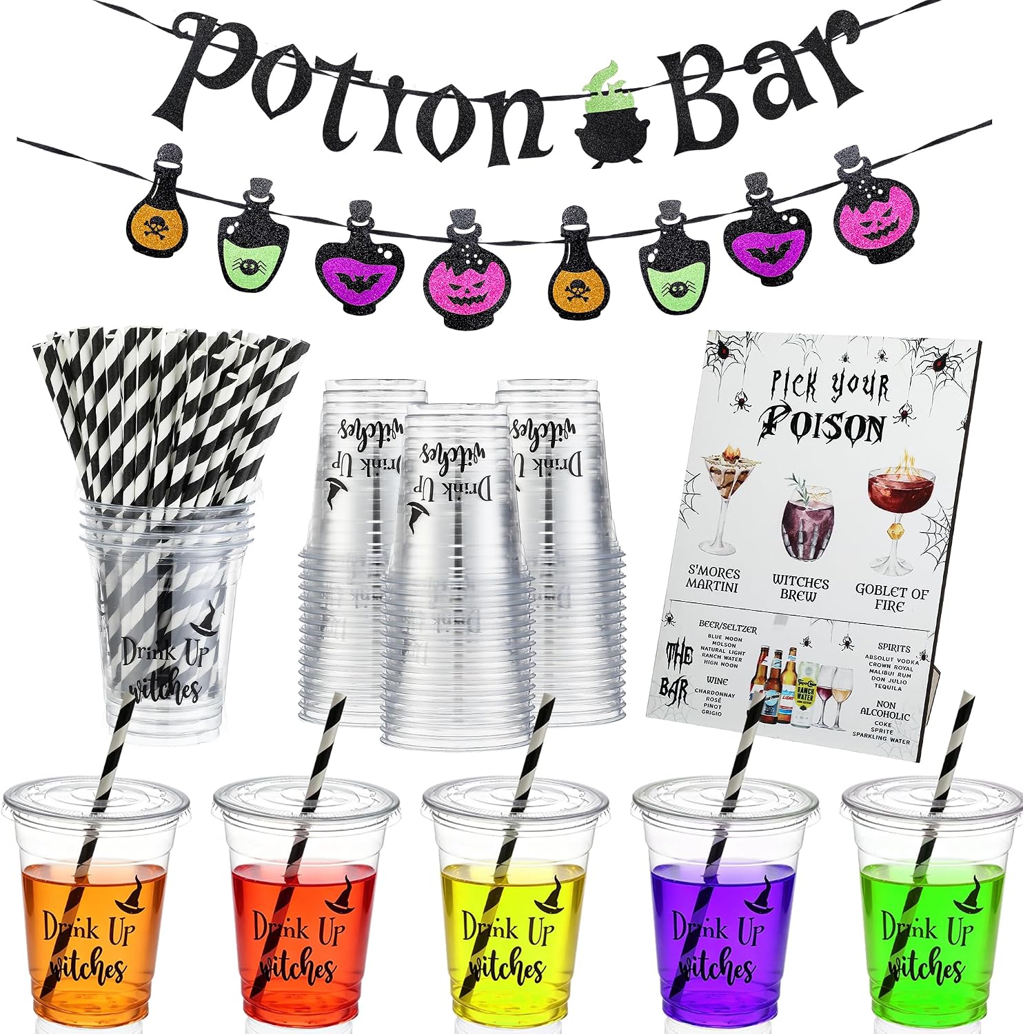 Halloween Potion Bar Party Supplies Include 2 Pcs Pre-Strung Banner 1 Pcs Pick Your Poison Wooden Bar Sign 50 Pcs Drink Up Witches Disposable Cups 50 Black White Striped Paper Straws