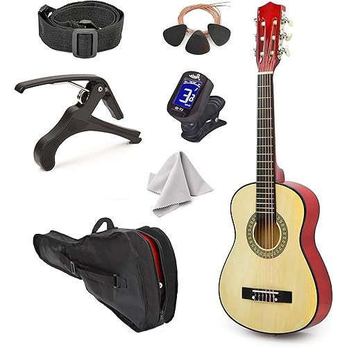 NEW! 30" Left Handed Natural Wood Guitar With Case and Accessories for Kids/Boys/Beginners (Natural)