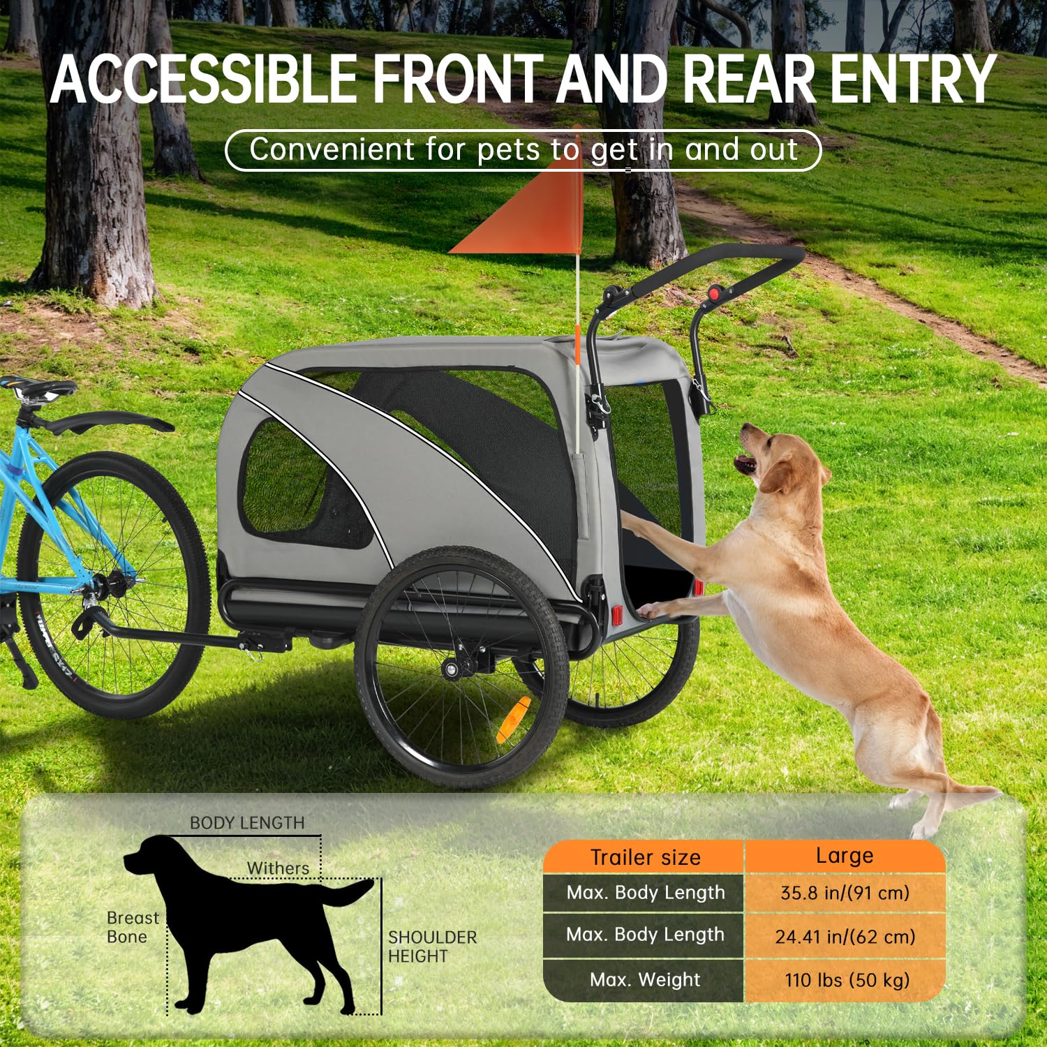 Rimorchio per bicicletta XXL 2 in 1 per cani, pieghevole, con apertura sul tetto, riflettori e strisce riflettenti, attacco universale per bicicletta, manico regolabile in altezza