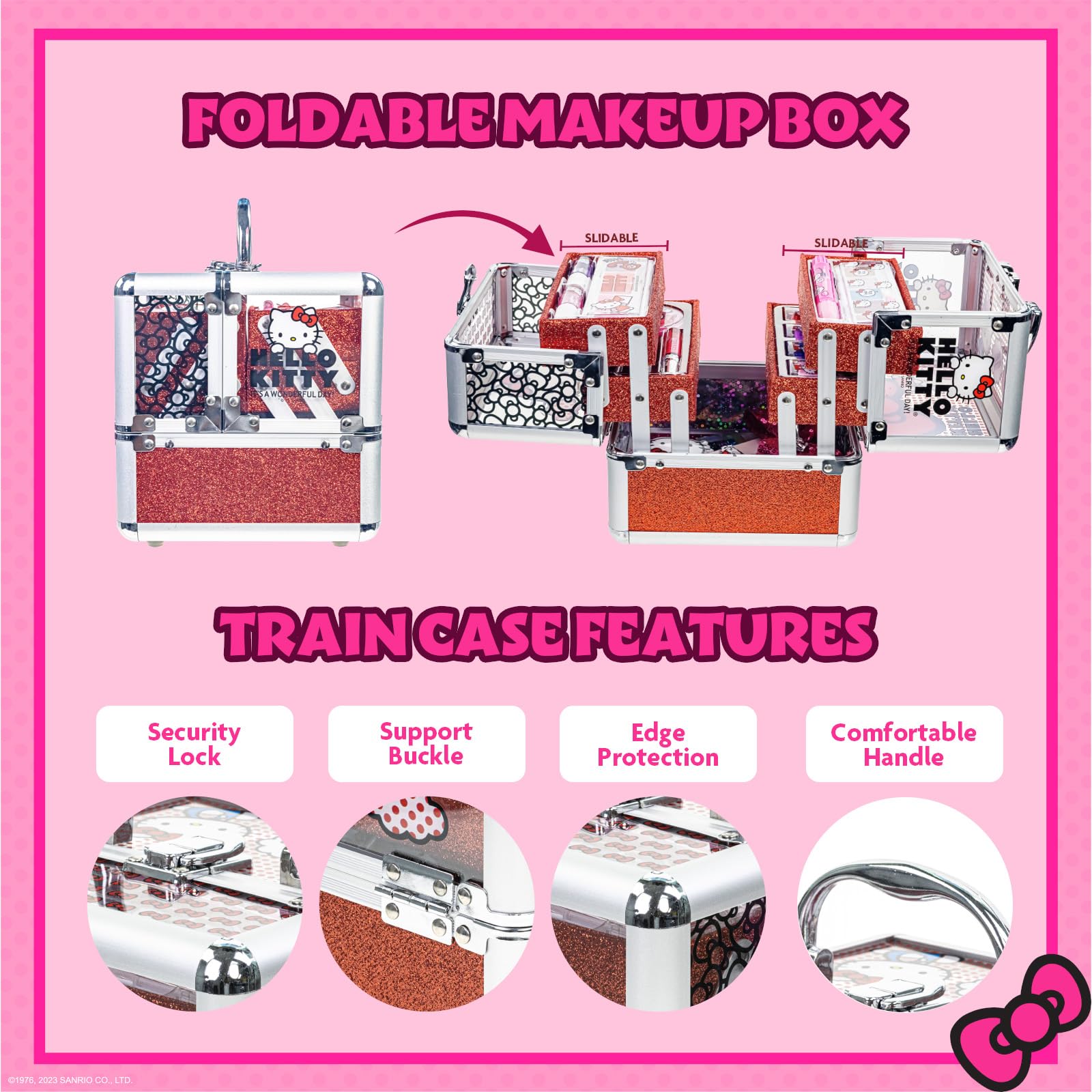 Hello Kitty - Juego de maquillaje cosmético  Train Case incluye brillo de labios, brillo de ojos, esmalte de uñas, accesorios para el cabello y mucho más. Para niñas, a partir de 6 años, 4