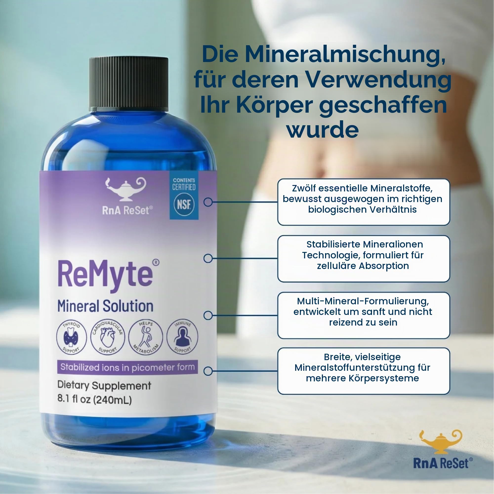 RnA ReSet - ReMyte Minerallösung, flüssiges Multimineral, Elektrolytlösung, 12 Mineralien wie Jod, Selen, Zink, Magnesium, Bor, Von Dr. Carolyn Dean - 240ml
