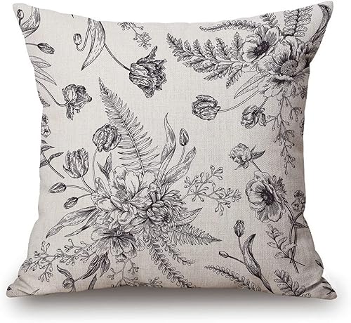 Funda de almohada cuadrada de lino y algodón con patrón floral de flores primaverales, color blanco y negro, funda de cojín decorativa para sofá, 18