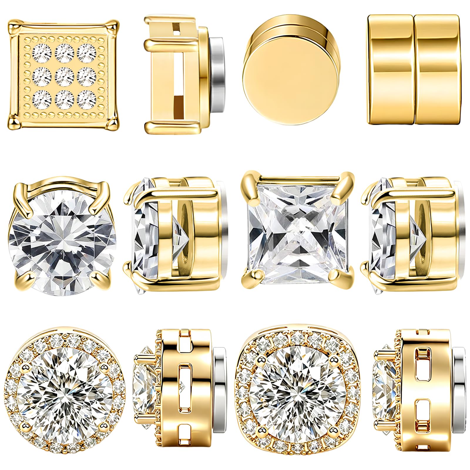 NEWITIN 6 Pairs Stainless Steel Magnetic Stud Earrings for Men Clip on Earring Magnetic Earring Unisex Non Piercing CZ Magnet Studs Diamond Earrings for Women Men