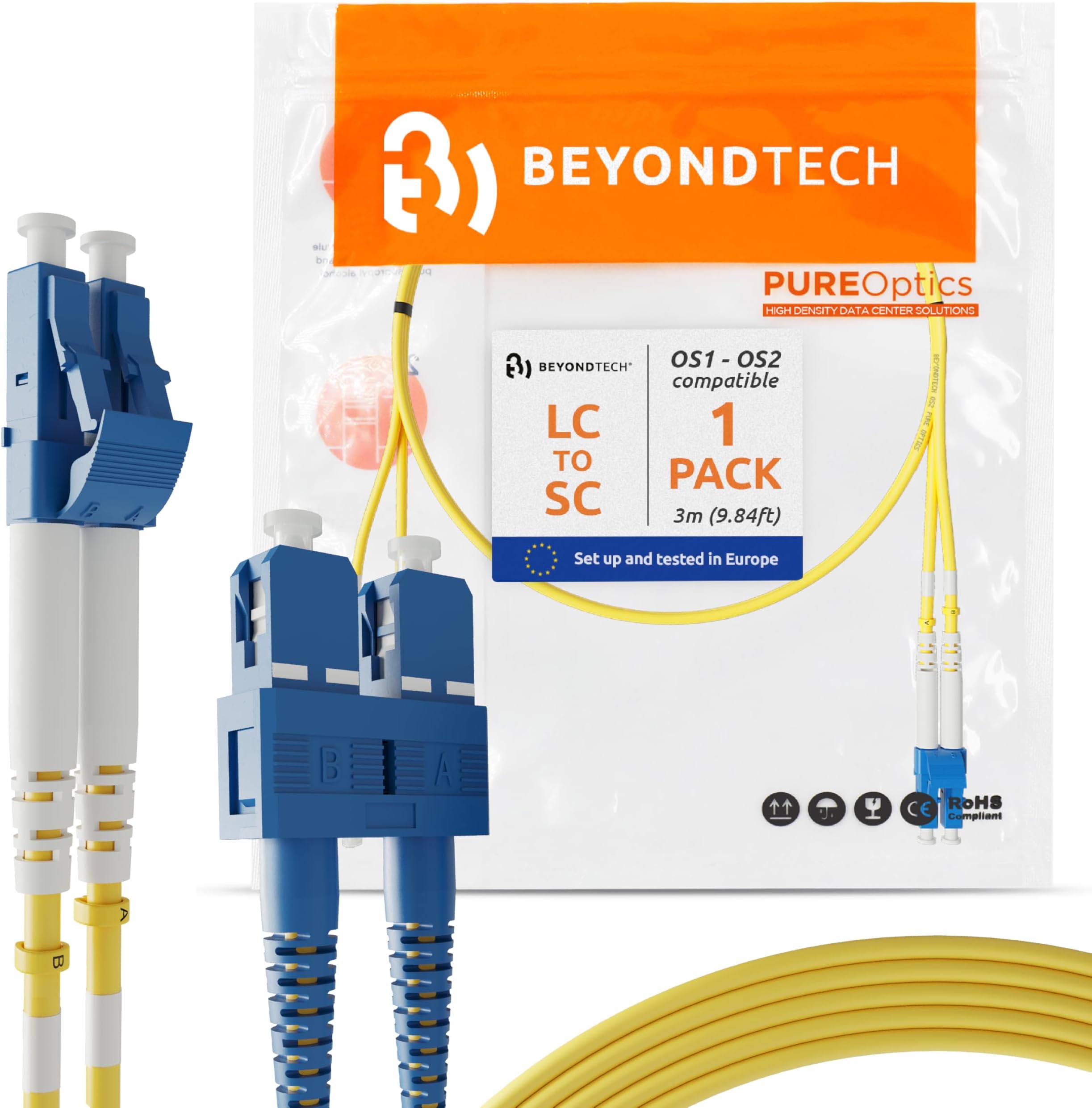 BEYONDTECH Lc To Sc Fiber Patch Cable Single Mode Duplex - 3M (9Ft) - 9/125 Os1 - Pureoptics Series, Black