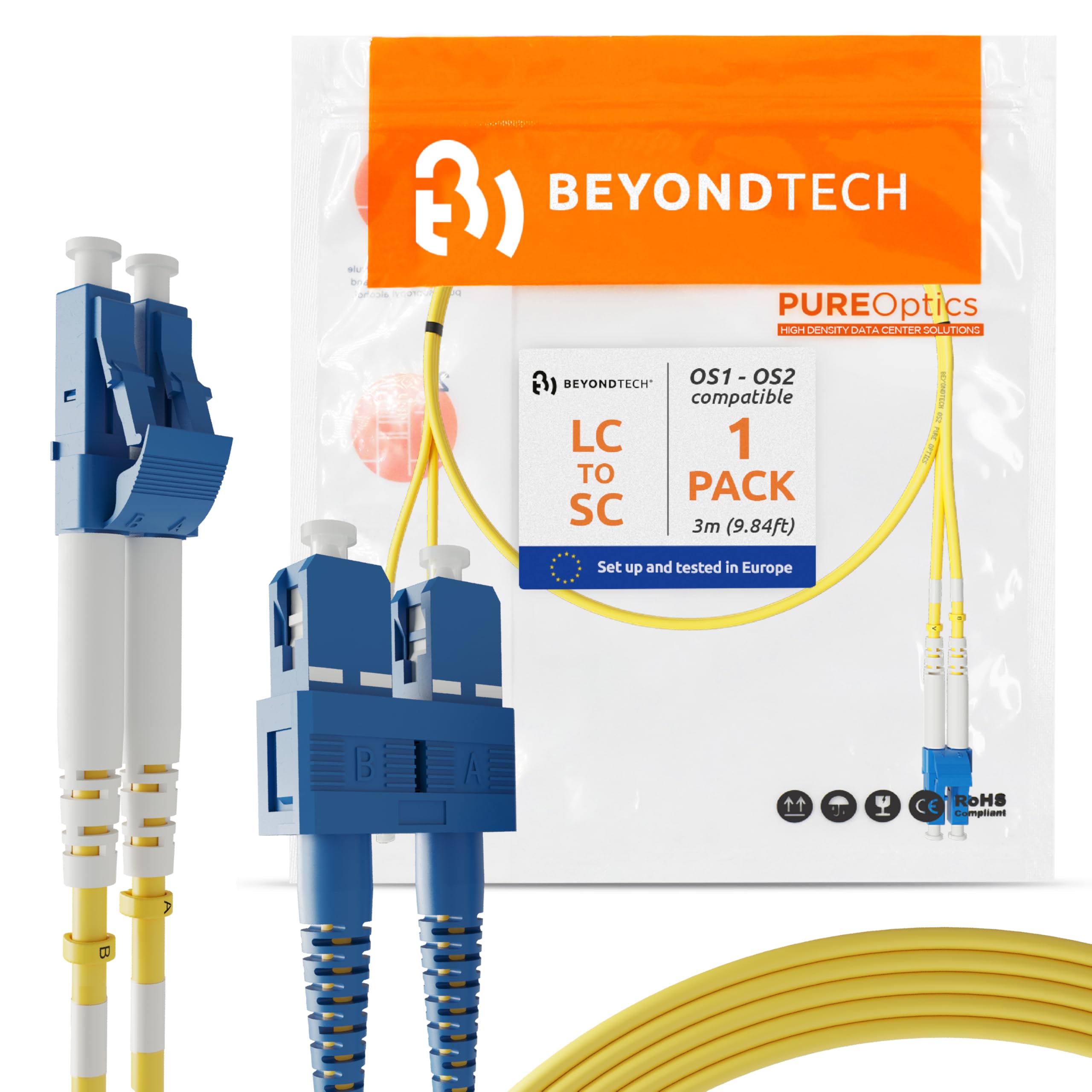 BEYONDTECH LC - SC ファイバーパッチケーブル シングルモード デュプレックス - 3m (9.84フィート) - 9/125um OS1 LSZH PureOptics ケーブルシリーズ