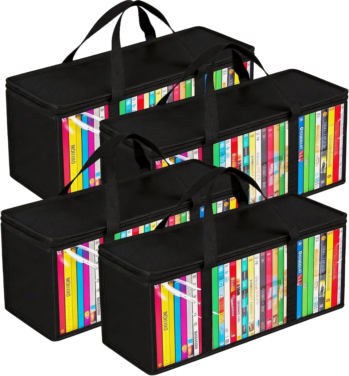 DVD Storage Bags, Clear PVC Media Organizer with Handles, Front Zipper Window, Stackable Holder for Blu Ray Discs, Movie Cases and VHS Boxes, 4 Pack, Holds 140 DVD Cases Total, 35 per Bag(SB-B-01)