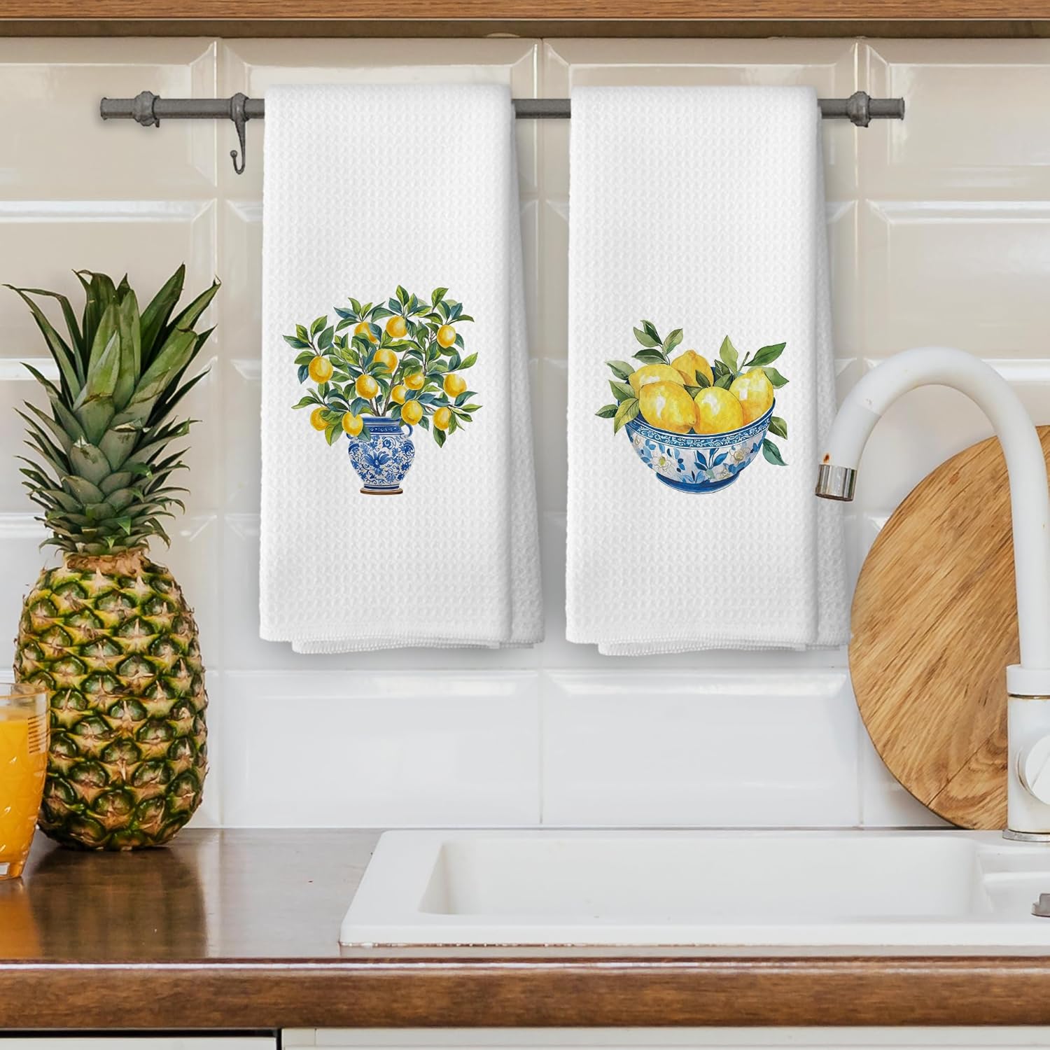 Chinoiserie Kitchen Dish Towels Set of 2, Lemon Tree Fruit Summer Decor Accessories, Vintage Blue and White Porcelain Hand Towels, 16x24 inch - Image 4