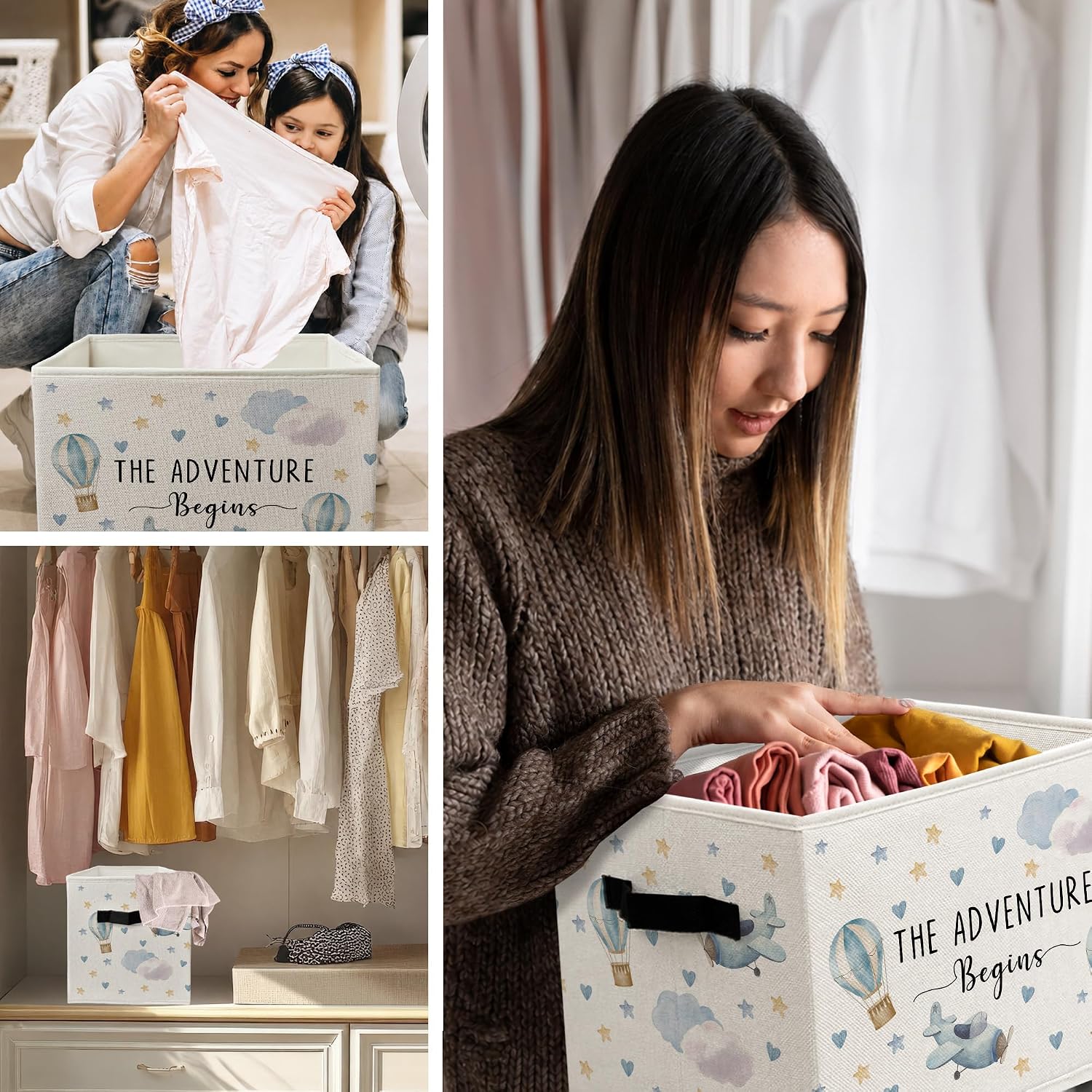 Baby Boy Storage Boxes, Kids Toy Bin, Hot Air Balloon Nursery Decor Cube Storage Bin for Baby Boys Bedroom Playroom Toys, The Adventure Begins Organizer Bins for Shelves, 14.2"x10.6" x10.6"