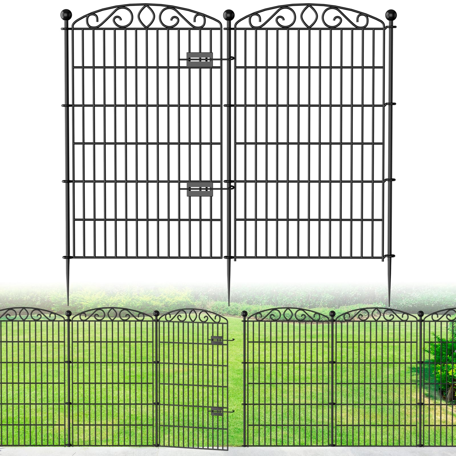 12 Panel No Dig Decorative Garden Fence with Gate - 42in H x 26.8ft L, Tall Animal Barrier for Dogs Rabbits, Rustproof Metal Wire Panels for Yard, Patio, and Outdoor Border Use