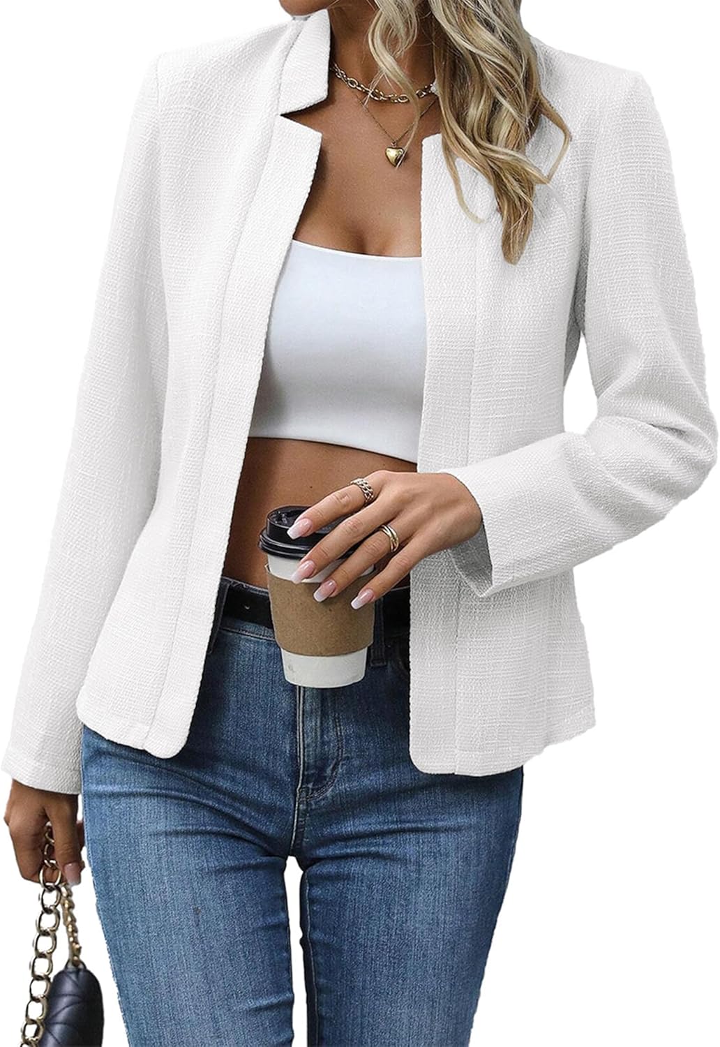 Mina Self 2025 Fall Women's Tweed Plaid Blazer Jacket - Warm Open Front Stand Collar Fully Lined Casual Fashion Work Coat White Large