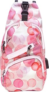 Anti-Theft Daypack Crossbody Sling Backpack, USB Charging Connector Port, Lightweight Day Pack for Travel, Hiking, Everyday, Regular, Pink Bubbles