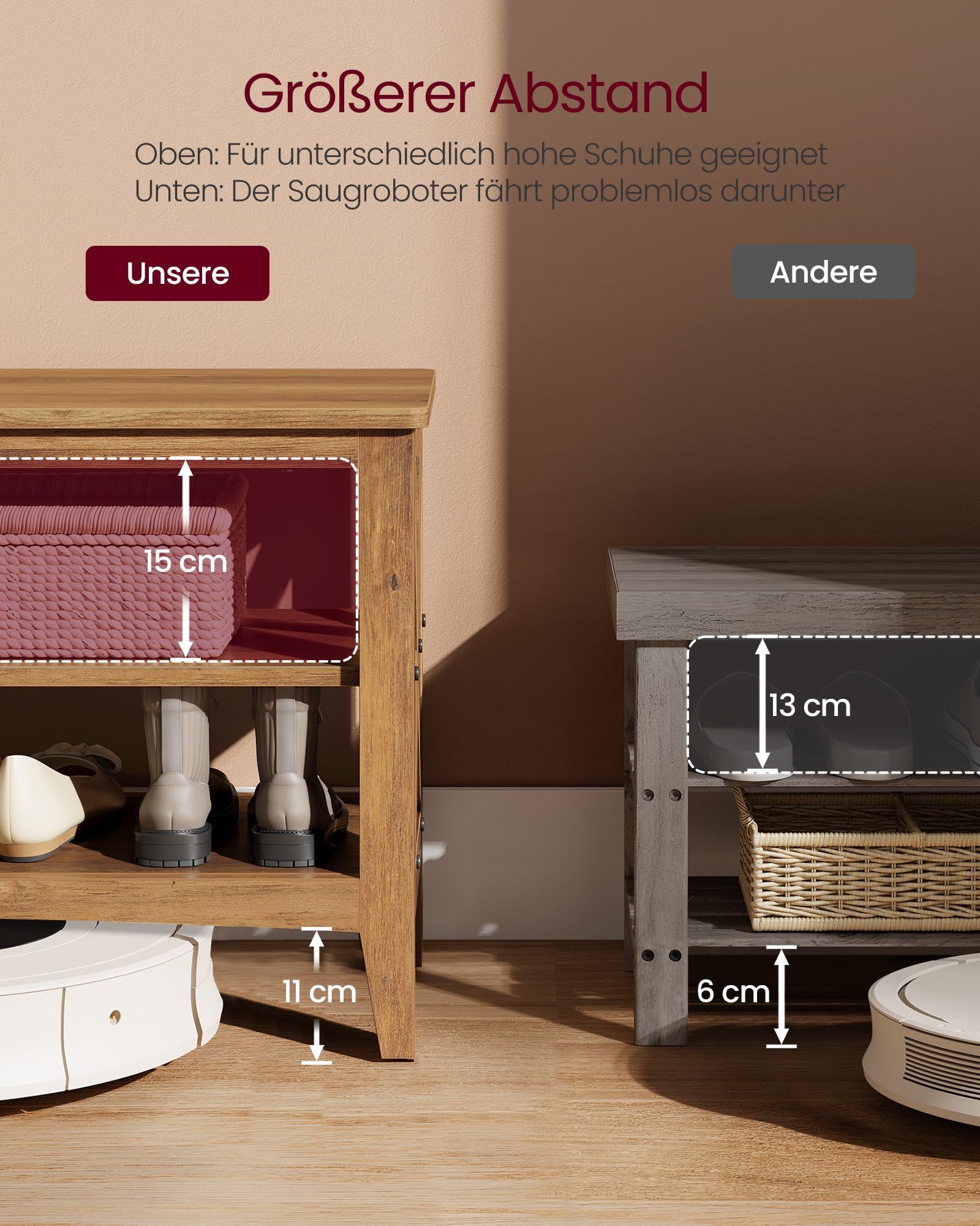 VASAGLE Schuhbank, Sitzbank mit Schuhregal, Flurbank, 2 Schuhablagen, 30 x 100 x 48 cm, hält bis zu 272 kg, Landhausstil, für Wohnzimmer, Schlafzimmer, honigbraun LSB153K41