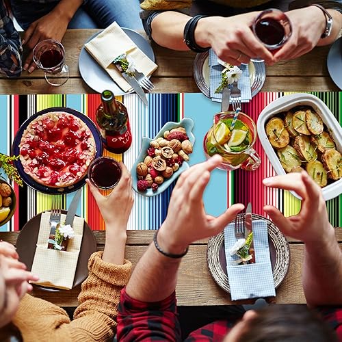 Miniatura 6 de Preboun 6 piezas de camino de mesa mexicano desechable de plástico mexicano Serape de 14 x 108 pulgadas, decoración de fiesta temática mexicana,