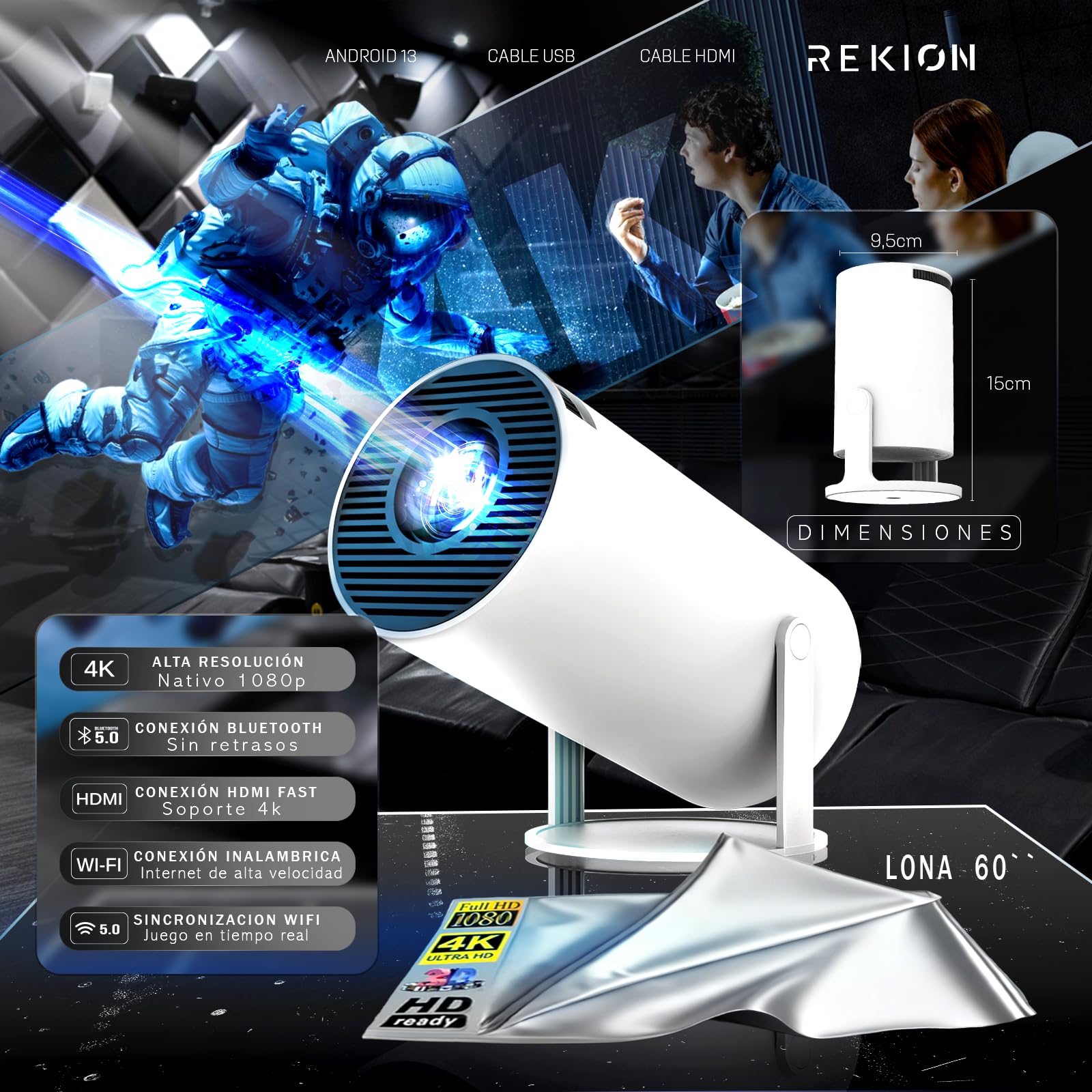REKION® [Apps INTEGRADAS] Proyector Portatil HY.300 4K + Pantalla 60 Pulgadas | HDMI Incluido | 1080P Full HD 250 ANSI 9000 Lúmenes | WiFi 6 Bluetooth 5.0 | Android 13 | 180°Rotable — view 7