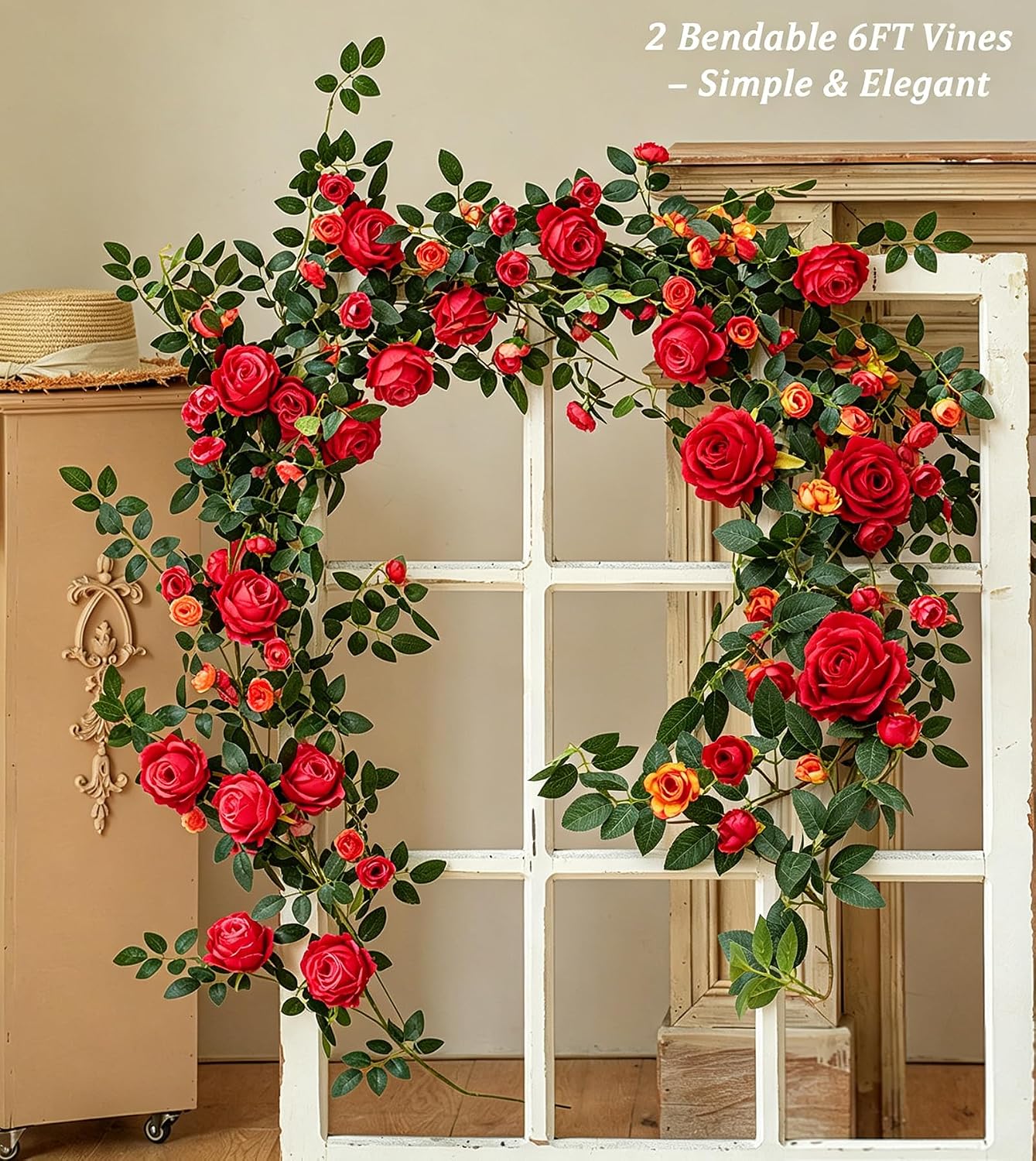 2 PCS 12FT Bendable Flower Garland, Artificial Rose Vine for Wedding Decor Backdrop Baby Shower Wedding Birthday Party Decoration Red image 3