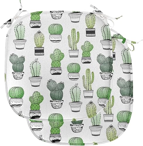 Ambesonne Juego de 2 cojines de asiento para silla de cactus, patrón de follaje dibujado a mano con diseño de cerámica ornamental, estilo de boceto,