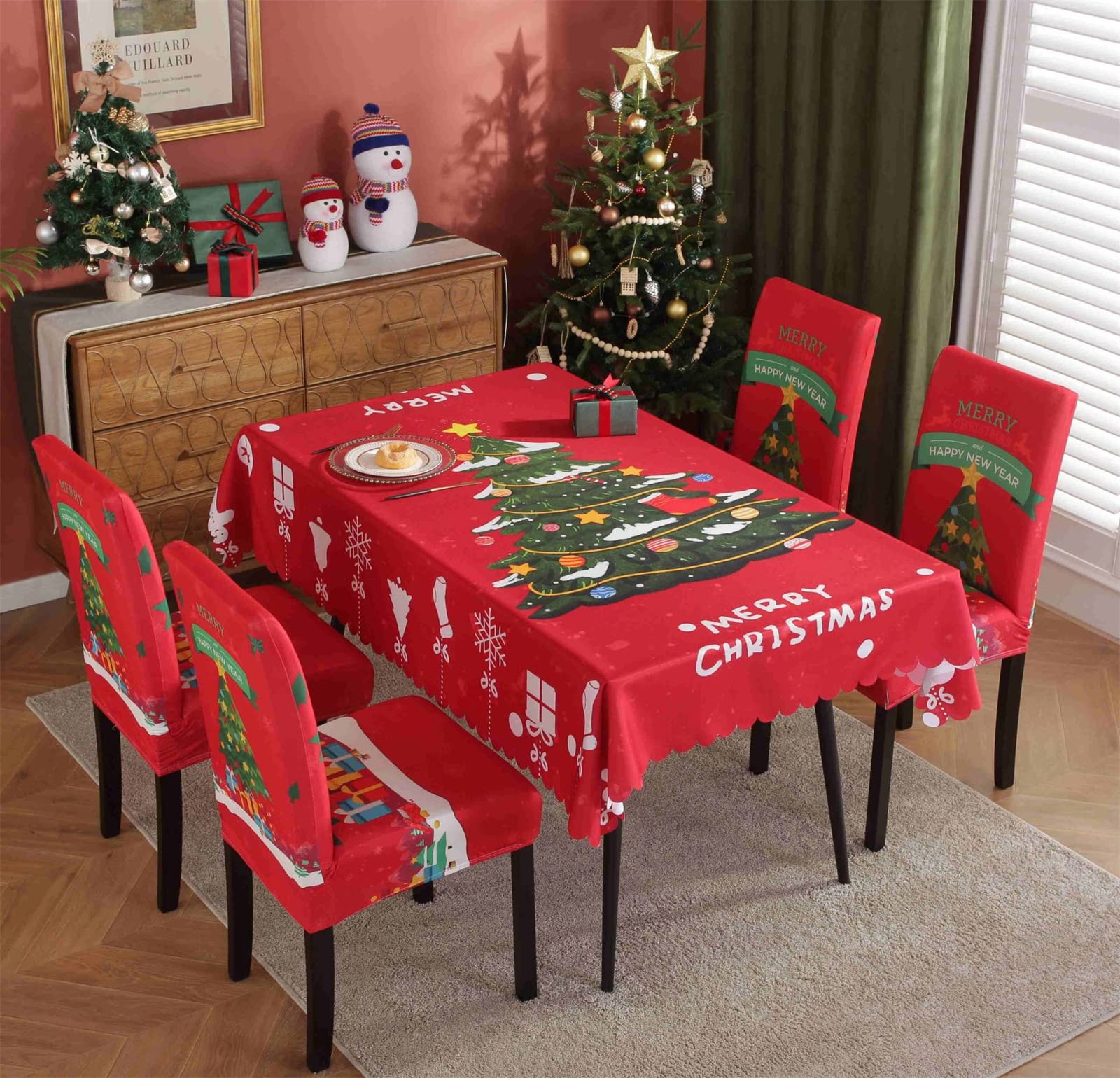Eco-Ancheng Xmas Tablecloth Christmas Table Clothes Stretchable Dining Chair Covers Slipcover Winter Holiday Table Covers Table Clothes for Christmas Decor with 4PCS Christmas Chair Covers,55x70in,01