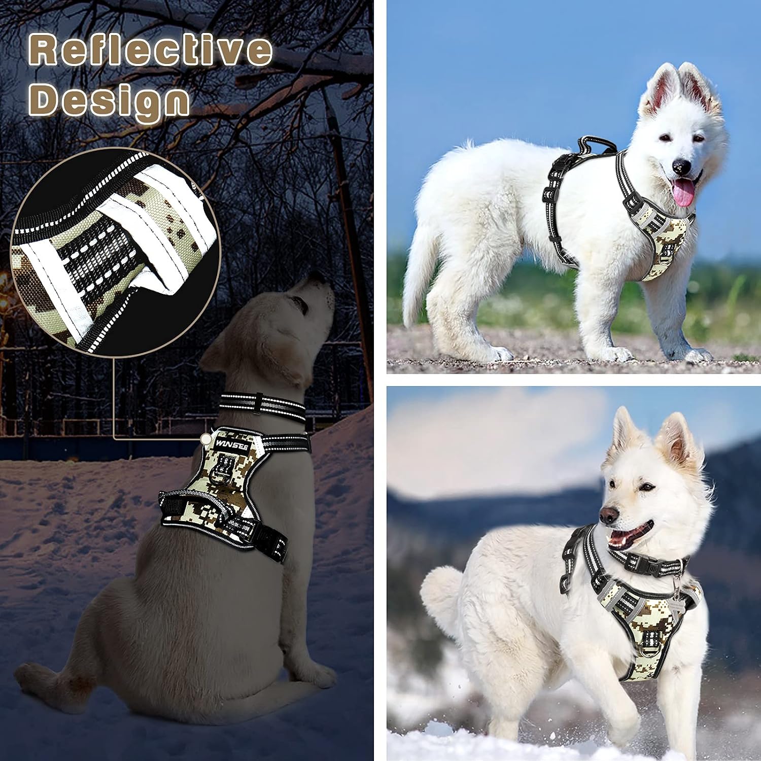 WINSEE Dog Harness Camo, No Pull Pet Harness with Dog Collar, Adjustable Reflective Padded Outdoor Vest, Front/Back Leash Clips for Small, Medium, Large, X Large Dogs, Easy Control Handle for Walking