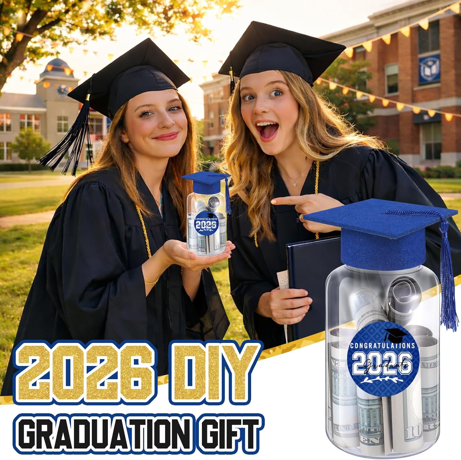 16 Sets 2026 Graduation Table Decorations,Mini Felt Grad Cap Centerpieces for Tables with LED Lights,PET Jars,Stickers,Class of 2026 High School College Party Supplies Decor Gifts (Blue)