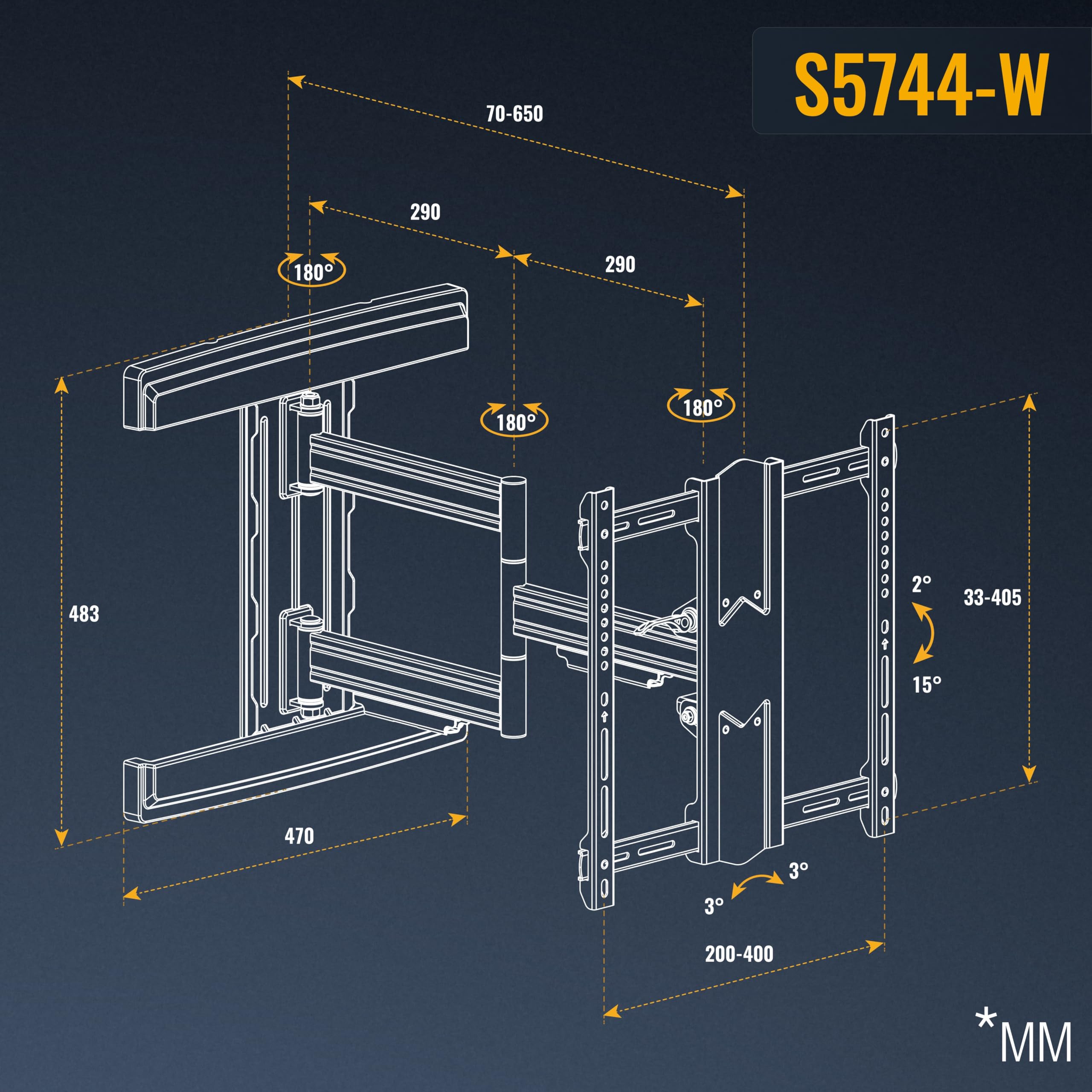 RICOO Soporte TV Pared Giratorio Inclinable Televisión 45-85" (114-216cm) S5744-W Brazo articulado Televisor LED/LCD/Curvo VESA 200x200-400x400