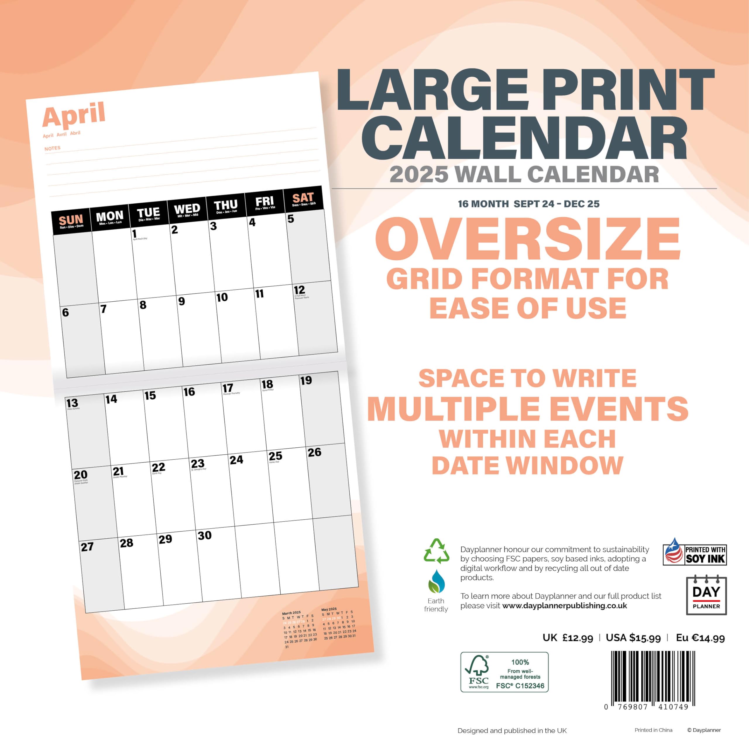 Dayplanner Publishing Large Print Grid Calendar 2026, Large Square Wall 16 Month, Large Print Grid Gift Calendar - Image 3