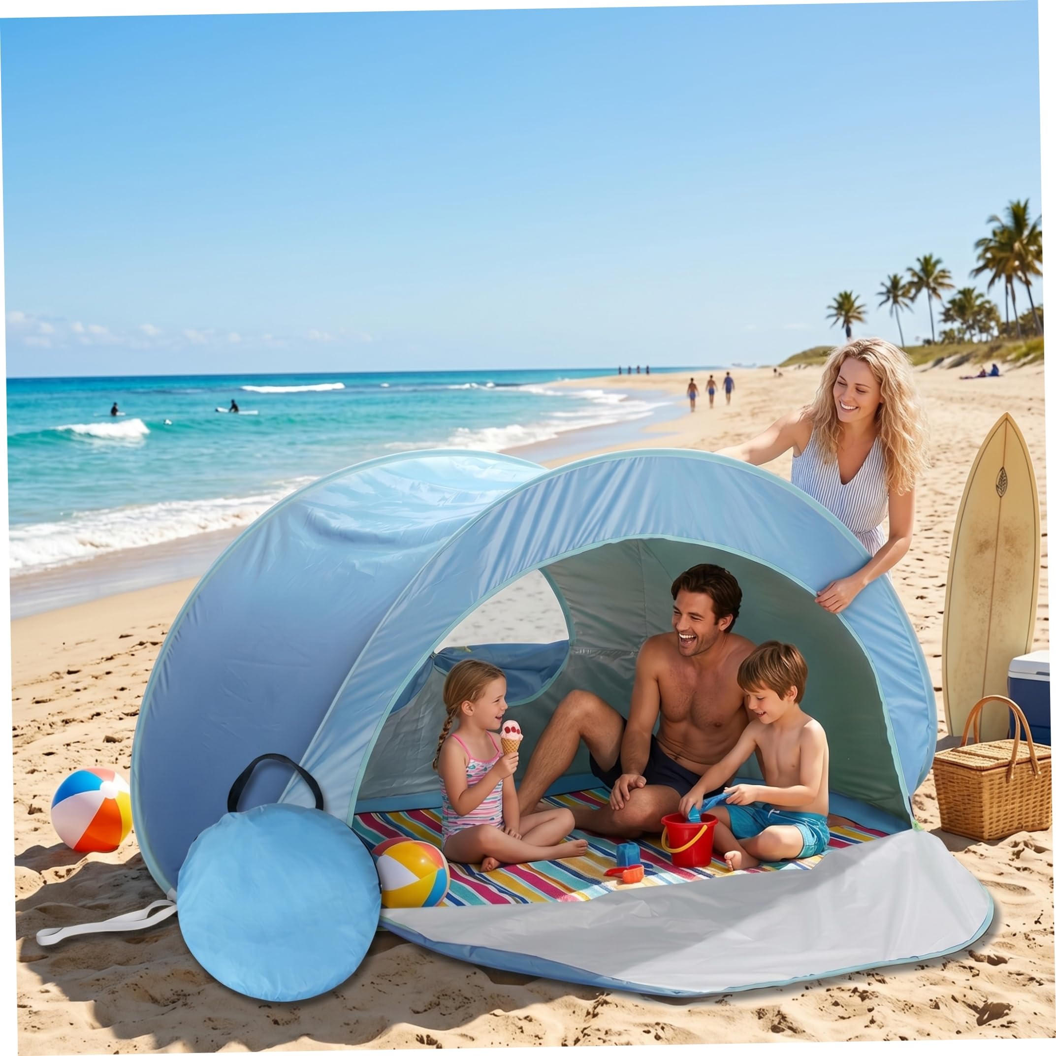 Tente de Plage Pop-up pour 3 à 4 Personnes, Pare-Soleil de Plage Portable et Pliable avec Rideau à Fermeture éclair, Tente d'extérieur Installation instantanée Automatique, Bleu, Facile