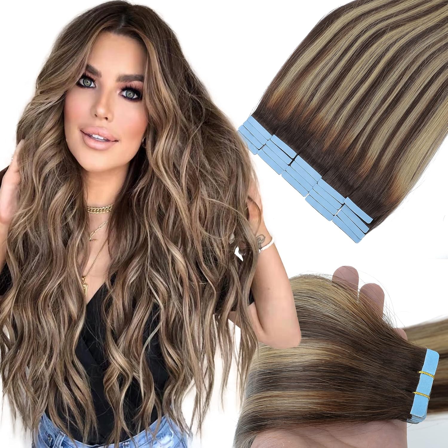 Kukrwlam Tape in Hair Extensions Human Hair Light Brown to